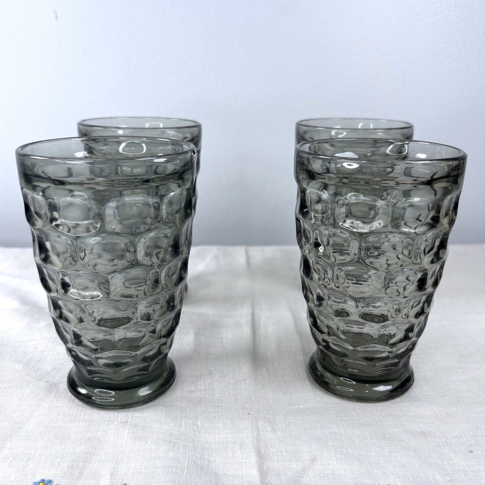 Vintage Smoke Grey Honeycomb Textured Glass Tumblers Set of 4 Mid Century Modern